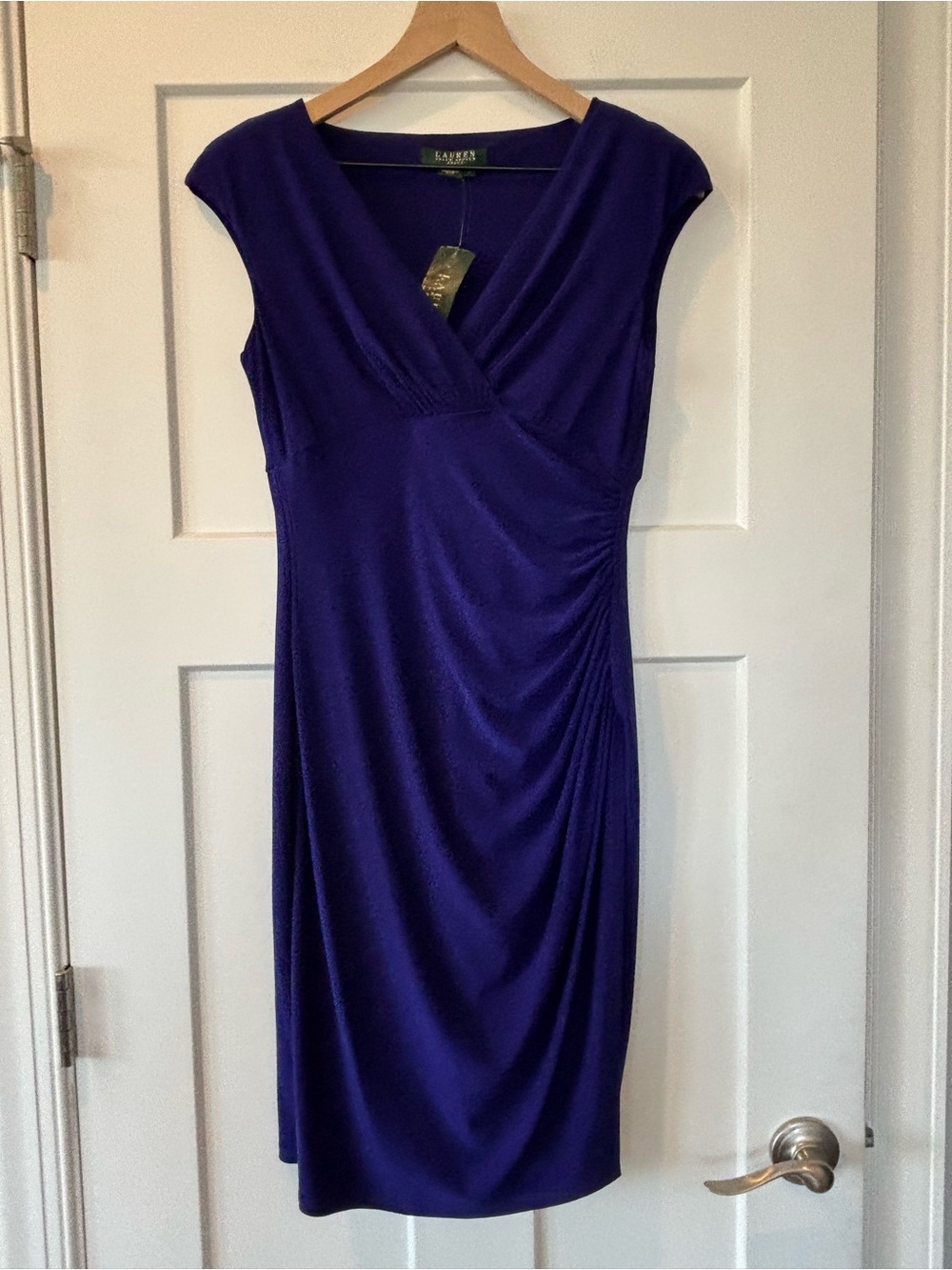 NWT Lauren Ralph Lauren Womens Blue Cap-Sleeve Surplice Faux Wrap Dress Slinky 6